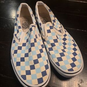 Vans Light Blue and Cream Checkered Slip-On Sneakers